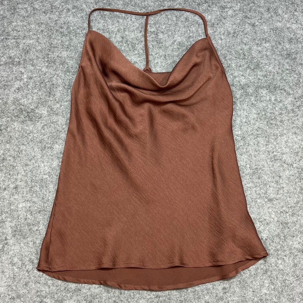 Express Brown Satin Cowl Neck Halter Tank Top Cami Spring Summer Layer XS